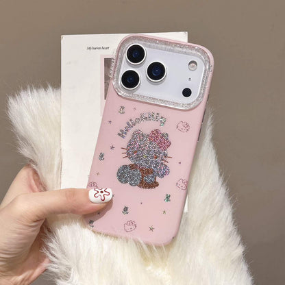 Cute Pink Glitter Cartoon Design Phone Case with Beaded Strap – Shockproof Protective Cover