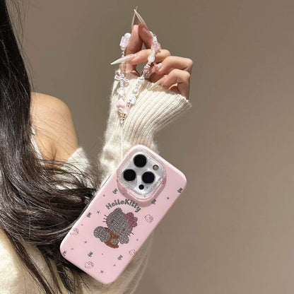 Cute Pink Glitter Cartoon Design Phone Case with Beaded Strap – Shockproof Protective Cover