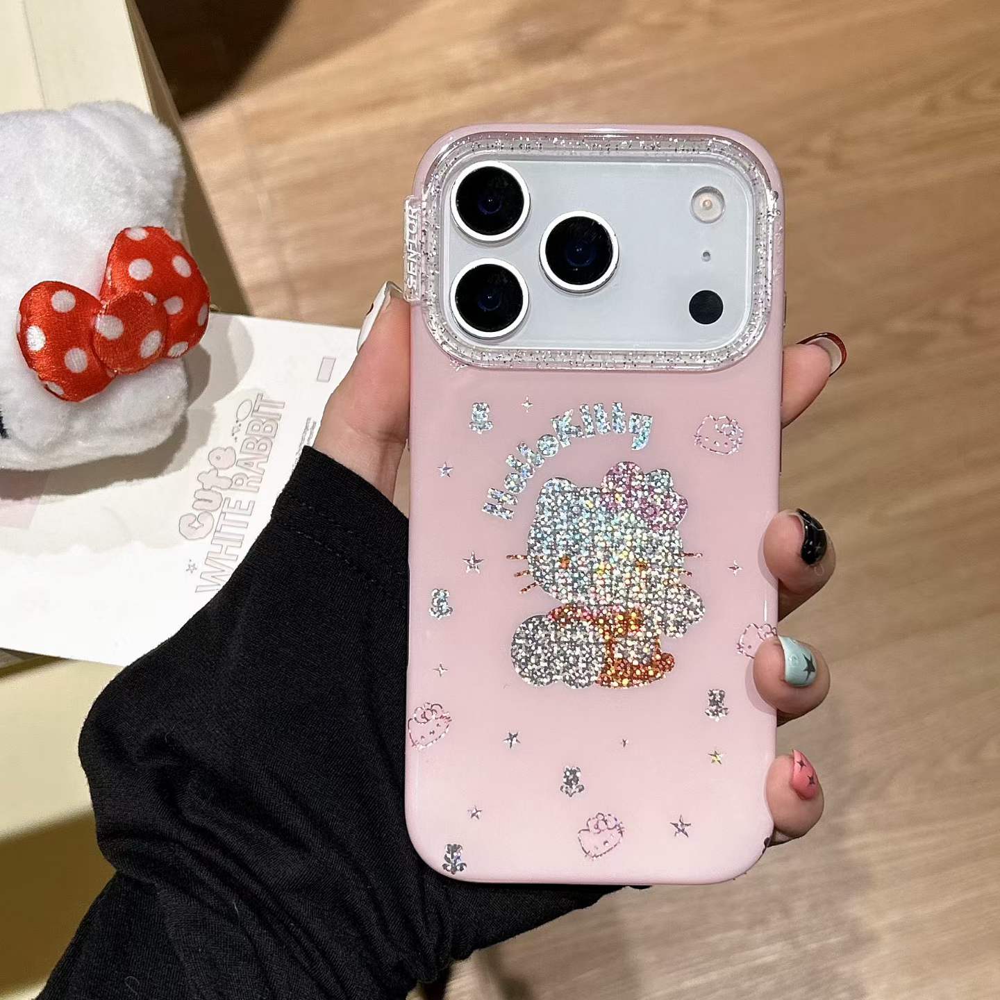 Cute Pink Glitter Cartoon Design Phone Case with Beaded Strap – Shockproof Protective Cover