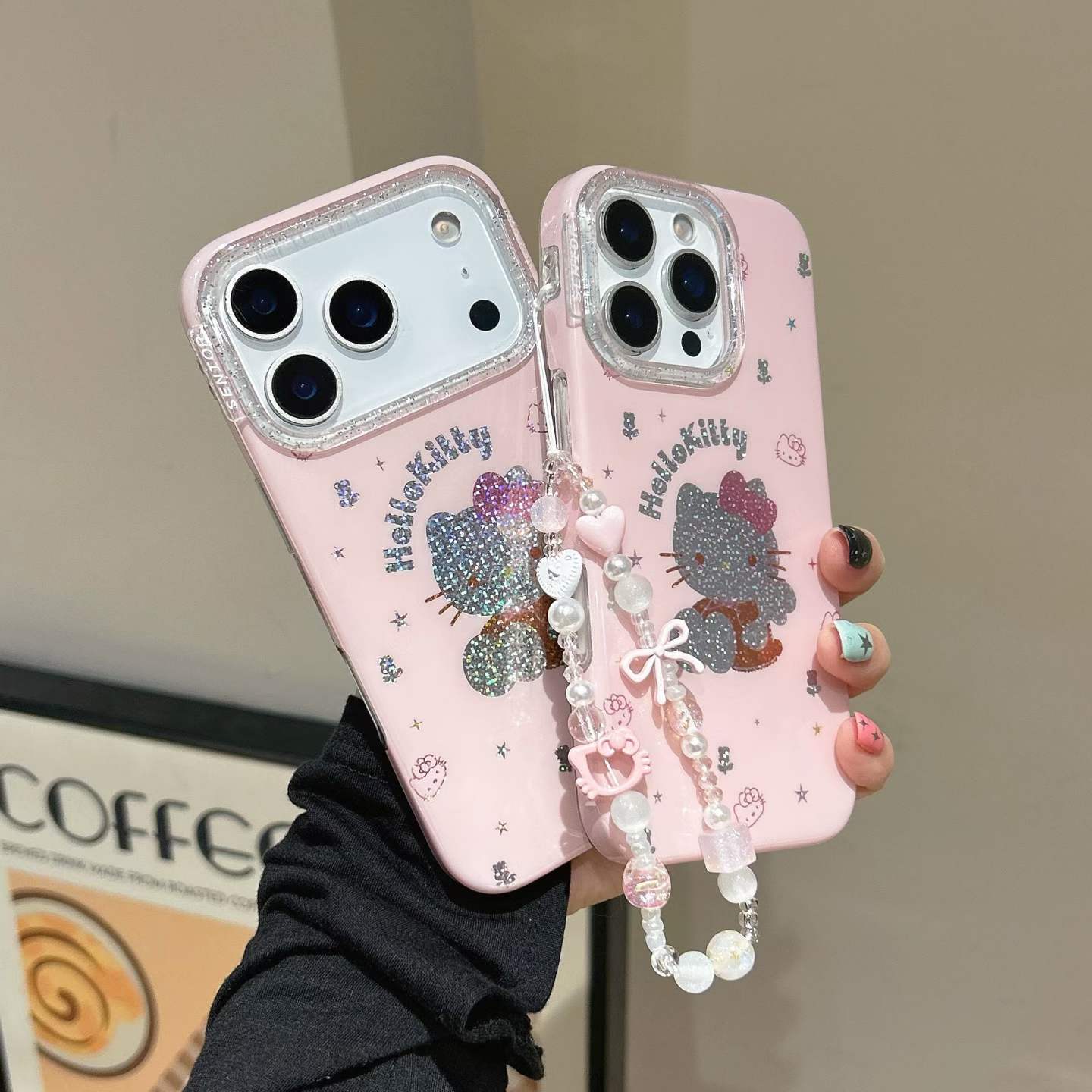 Cute Pink Glitter Cartoon Design Phone Case with Beaded Strap – Shockproof Protective Cover