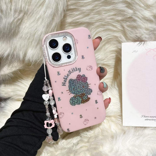 Cute Pink Glitter Cartoon Design Phone Case with Beaded Strap – Shockproof Protective Cover