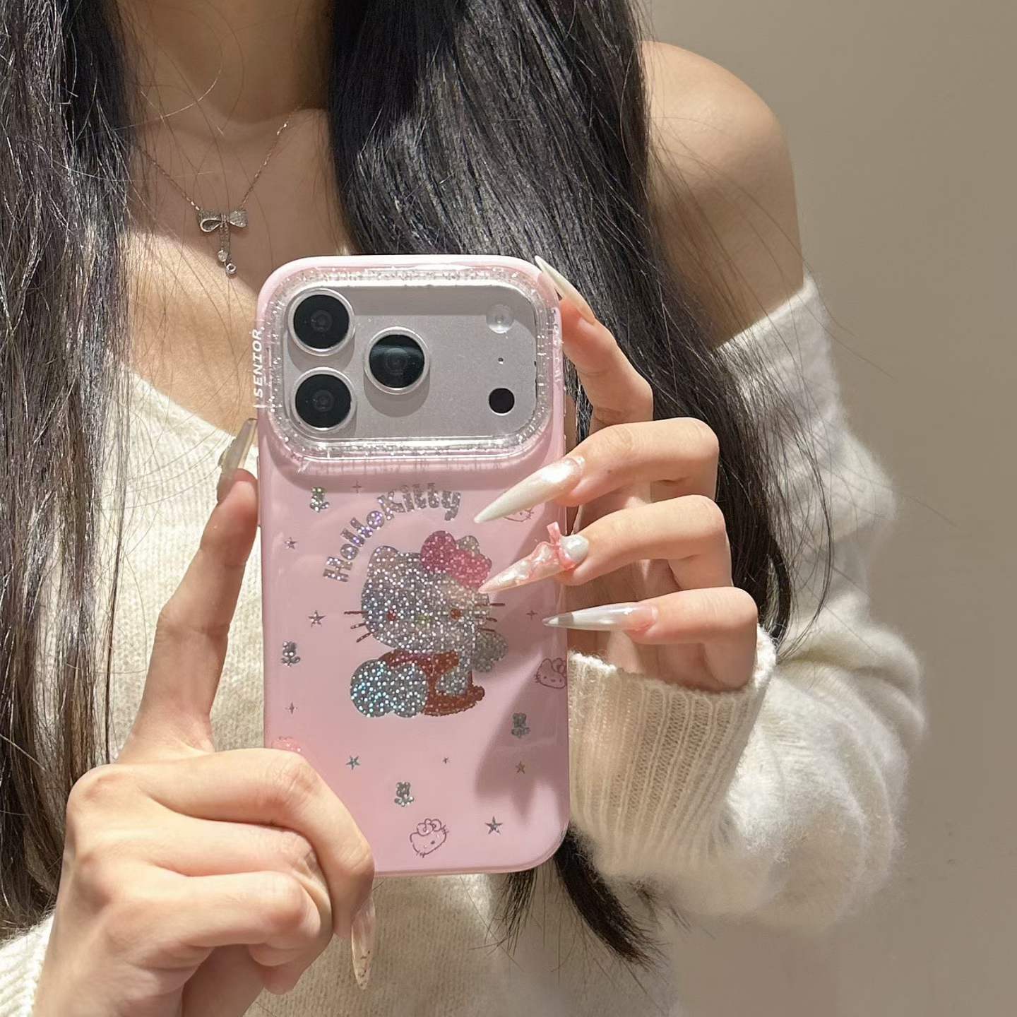 Cute Pink Glitter Cartoon Design Phone Case with Beaded Strap – Shockproof Protective Cover