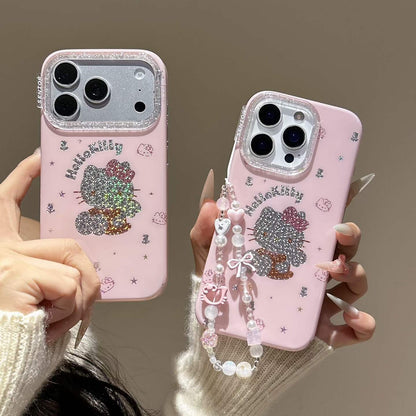 Cute Pink Glitter Cartoon Design Phone Case with Beaded Strap – Shockproof Protective Cover