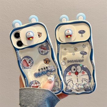 CaseIT India Doraemon 3D Liquid Glitter iPhone Case with Wrist Strap & Camera Cover